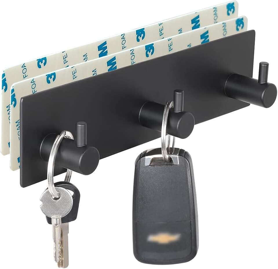 VIRFIN Key Holder for Wall with 2 Self-Adhesive Tapes, No Damage Key Holder Rack for Wall with 3 Key Hooks for Entryway, Door, Bathroom, Kitchen(Black)