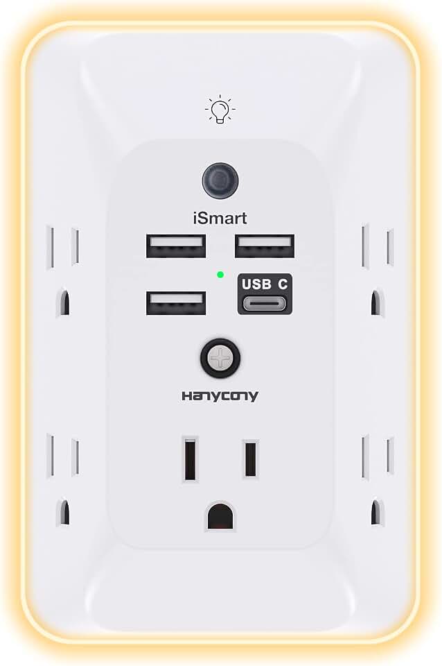 Outlet Extender with Night Light, Multi Plug Wall Outlet, Surge Protector | Multiple Electrical Outlet Splitter Expander, 4 USB Ports (1 USB C) Wall Charger, Plug Extension Adapter for Home, Dorm, RV
