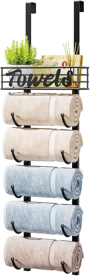 HapiRm Towel Racks for Bathroom Storage - 6 Tier Over The Door &amp; Wall Mount Rolled Towel Storage Organizer Holder with Metal Shelf Basket for Small Bathroom, Camper, Rv - Black, Patented