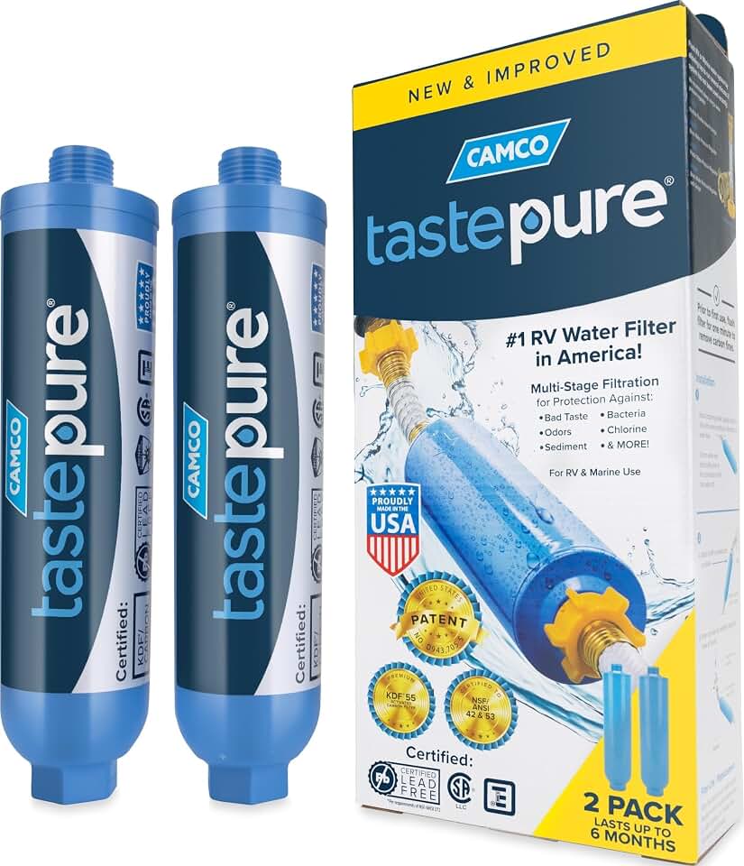 Camco Tastepure RV Water Filter 2-pk - GAC &amp; KDF Filtration-Made in the USA | Advanced RV Inline Water Filter with 6-Step Patent-Protected Filtration - Camping Essentials for Fresh Drinking Water (40045)