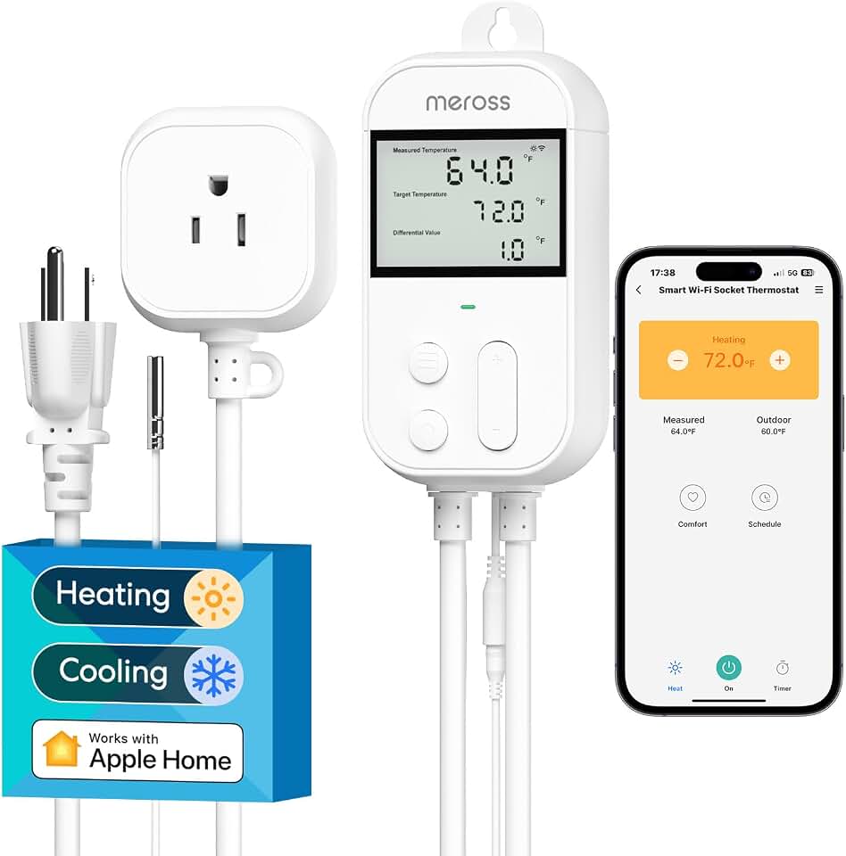 meross Smart Temperature Controller Work with Apple HomeKit, 15A 1800W | for Heating Cooling, Work with Alexa, Google Home, SmartThing, Easy to Use, for HomeBrew, Fermentation, Reptiles, GreenHouse ClimatePartner certified
