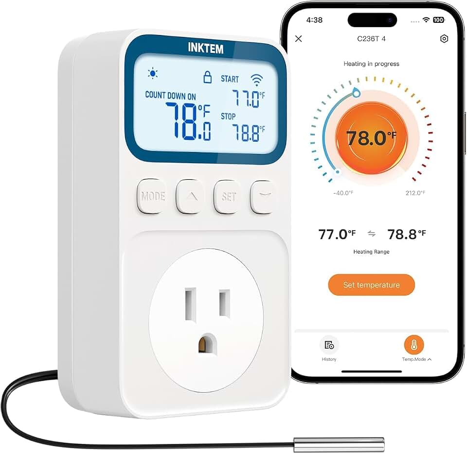 WiFi Temperature Controlled Outlet with APP for Heater, Freezer 16A | Timer &amp; Smart Memory Plug in Thermostat Digital Temp Controller -40~212℉ for Incubator Homebrew Reptile IP67 Waterproof Probe