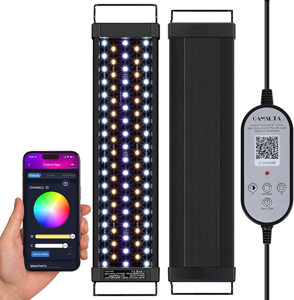 14W Smart Bluetooth App-Controlled Aquarium Light - Customizable Light Colors,Timeable,24/7 User-Defined Sunrise/Sunset Simulation,Tropical Lighting Mode,Suitable for 12-18" Fish Tanks