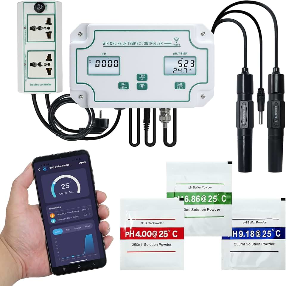 Smart EC pH Temperature Monitor for Hydroponics, 3-in-1 WiFi Water Quality Tester pH EC Controller with Dual Relay Output for Nutrient Reservoir Electric Conductivity Controller pH Meter for Aquarium