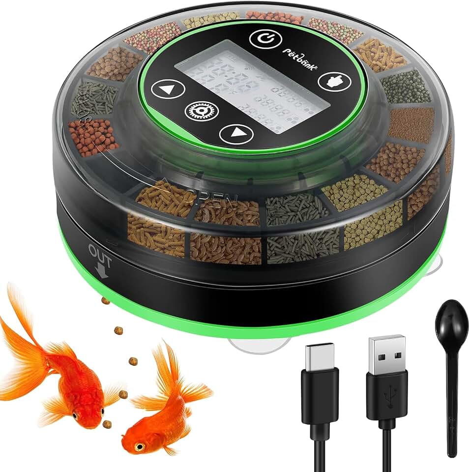 Automatic Fish Feeder for Aquarium Portion Control &amp; Moisture-Proof | USB-C Rechargeable Auto Fish Food Dispenser with Timer, LCD Display, Vacation Precision Feeding for Small Tank Betta Turtle
