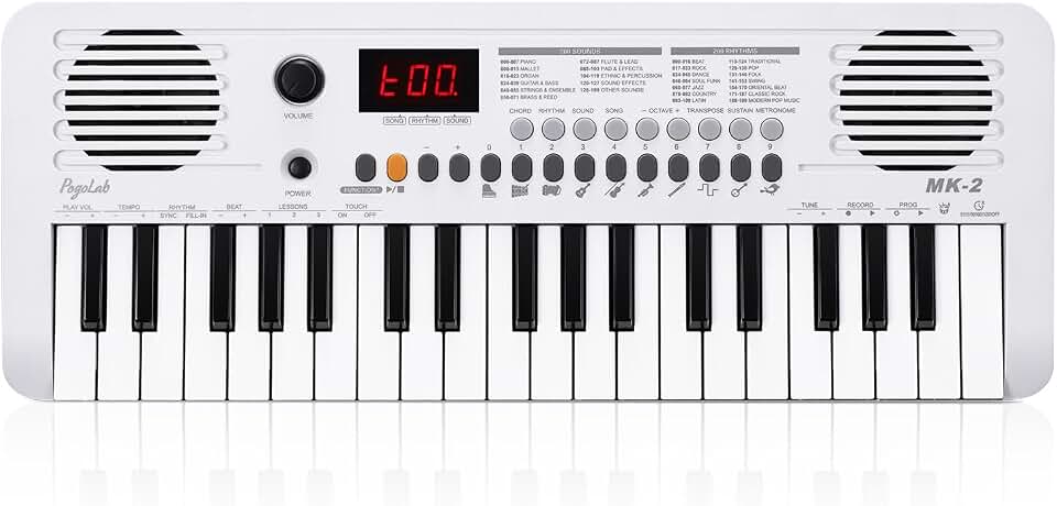 POGOLAB MK-2 37 Keys Kids Keyboard Piano, Portable Small Keyboard with 40 Songs, 200 Sounds, with MIDI Function, LED Display &amp; Dual Speakers, Compact Mini Music Piano for Kids/Beginners (White)