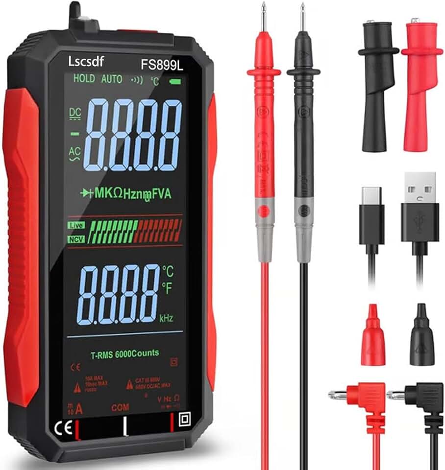 USB Rechargeable Digital Multimeter 6000 Counts Large Color Screen &amp; Backlight FS899L Smart Auto Ranging Multimeter True RMS Digital Voltmeter Multi Meter Digital Tester for Automotive Home