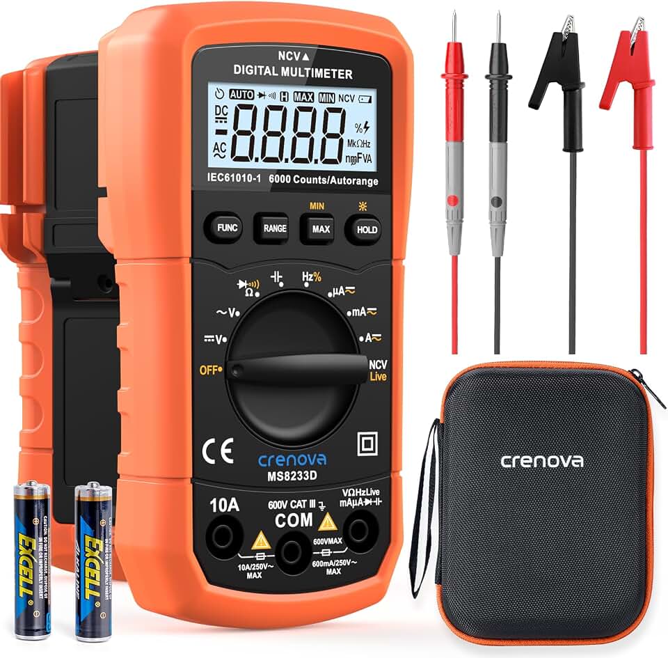Crenova MS8233D Multimeter TRMS 6000 Counts Auto-Ranging Live Wire NCV | Measures AC/DC Voltage，Current，Resistance，Capacitance，Continuity，Diode，Duty Cycle，Frequency，Temperature，Voltmeter