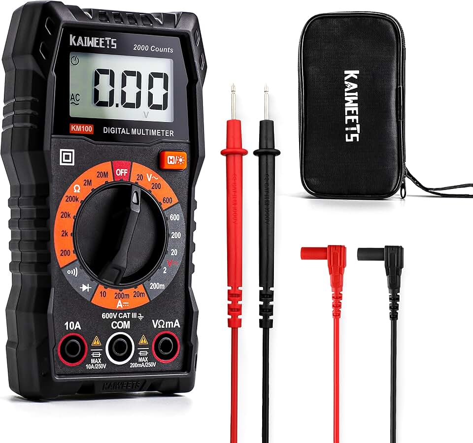 KAIWEETS Digital Multimeter Voltmeter with Case for Car Batterry Test DIY | AC/DC Voltage, with Double Fuses, Ohm Continuity Diode Tester,Accurate Readings , Backlit LCD, Compact, Gift for Home Repair