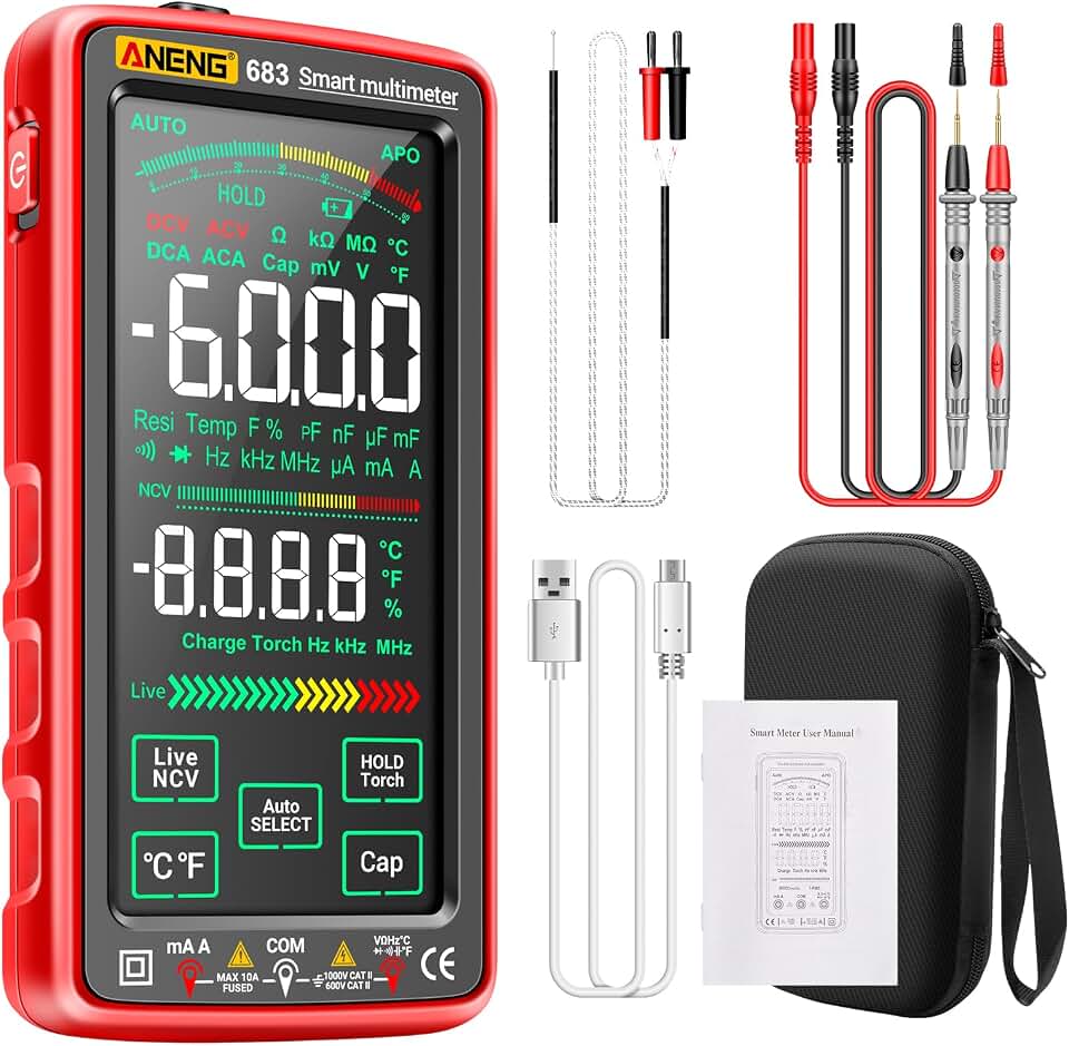 Smart Multimeter, Digital Multimeter Tester with Touch Screen 6000 Counts Auto Ranging Rechargeable A Reverse Display NCV Tester with Flashlight for Electricians, DIY (Red)