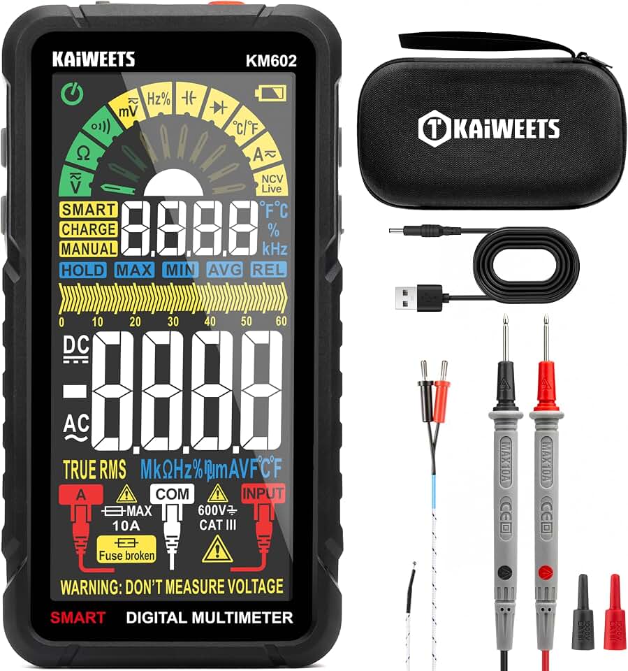 KAIWEETS Smart Multimeter Rechargeable Electrical Tester with Auto Ranging Digital Voltmeter Measures Voltage Current Resistance Continuity Capacitance Temperature Frequency NCV 6000 Counts TRMS