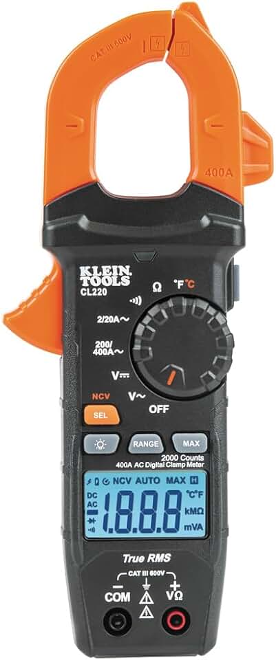 Klein Tools CL220 Digital Clamp Meter, Auto-Ranging 400 Amp AC, and Temp | AC/DC Voltage, TRMS, Resistance, Continuity, NCVT Detection
