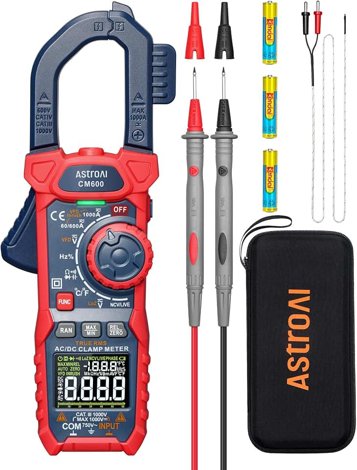 AstroAI Inrush Digital Clamp Meter Multimeter 1000A TRMS 6000 Counts, Amp Voltage Tester with VFD, LOZ Mode; Measures AC/DC Current Voltage Temperature Resistance Capacitance Frequency Continuity NCV
