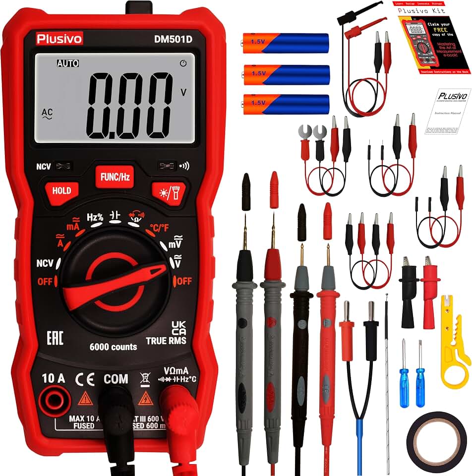 Multimeter 6000 Counts Digital Multimeter Auto Ranging TRMS AC DC Voltmeter Ohm Volt Amp NCV Diode Tester; Measures Voltage Current Resistance Temperature Frequency Buzzer with Test Leads, Probes