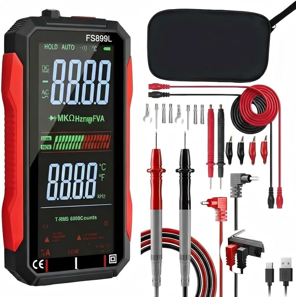 2026 Upgraded Rechargeable Digital Multimeter, FS899L USB-C Multimeter Set | 6000 Counts Volt Meter, True RMS AC/DC Digital Voltmeter,18PCS Test Leads Kit, Smart Auto Ranging, NCV Capacitance Tester