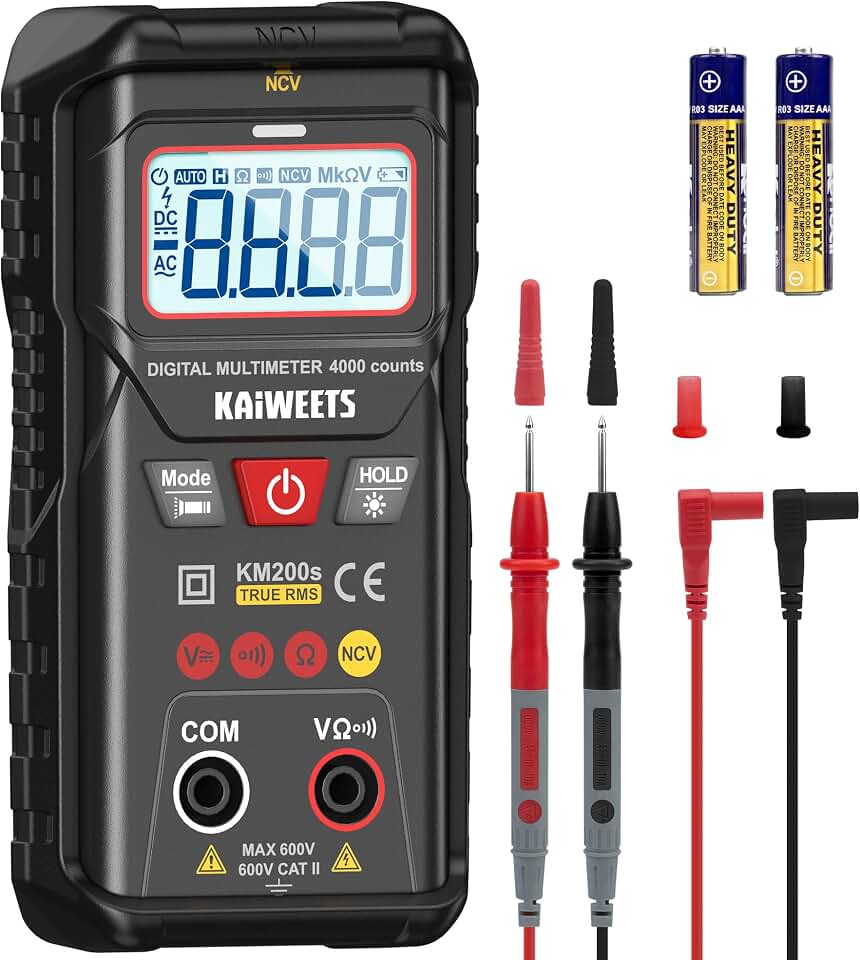 KAIWEETS Digital Multimeter TRMS 4000 Counts Auto Range Voltmeter for Car | NCV Smart Tester, Capacitance Voltage Measure, Fast Response, Good Battery Tests, Safety, Compact, for DIY Homeowner