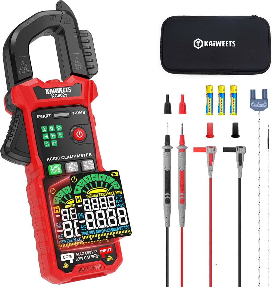 KAIWEETS Smart Digital Clamp Meter, 2026 Intelligent Auto Ranging Multimeter 600A TRMS 6000 Counts, NCV, Inrush, Auto Measure AC DC Voltage/Current Continuity Temperature Resistance Capacitance Diode