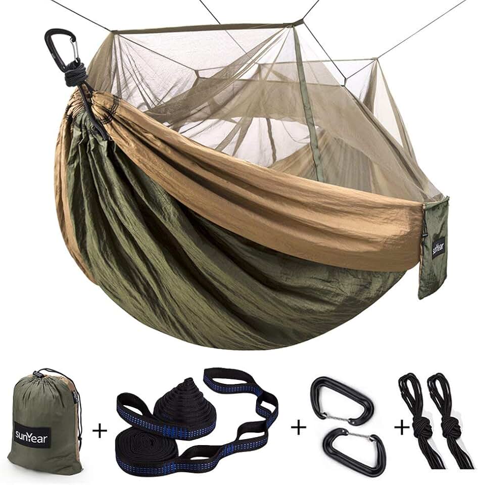 Sunyear Camping Hammock, Portable Single &amp; Double Hammock with Net, 2 Person Hammock Tent with 2 * 10ft Straps, Best for Outdoor Hiking Survival Travel Global Recycled Standard