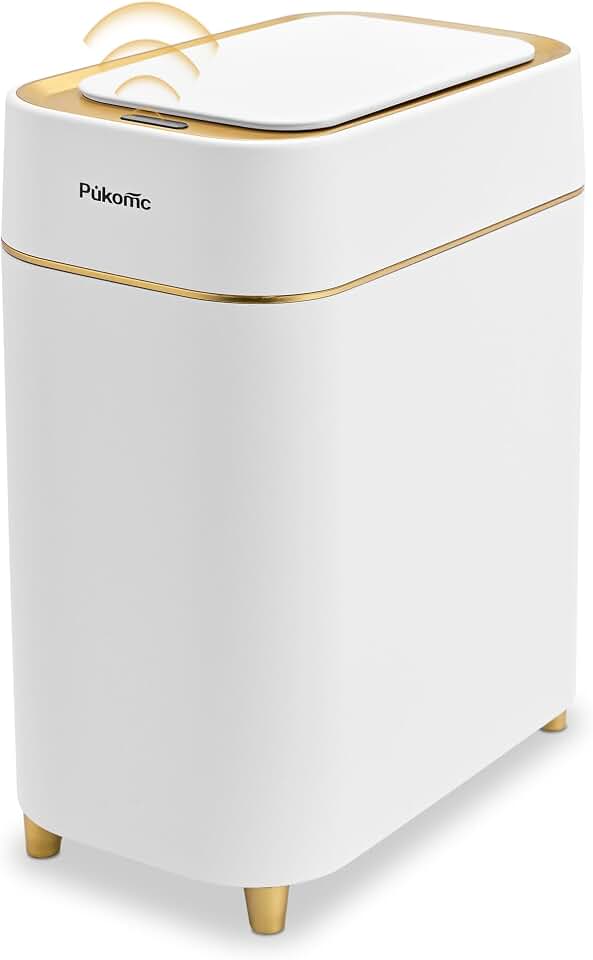 Pukomc Automatic Small Sensor Trash Can with Touchless Lid | 2.3 Gallon / 9L Smart Garbage Can, Quiet Close White Gold Waste Bin - Perfect for Kitchen, Living Room &amp; Small Spaces