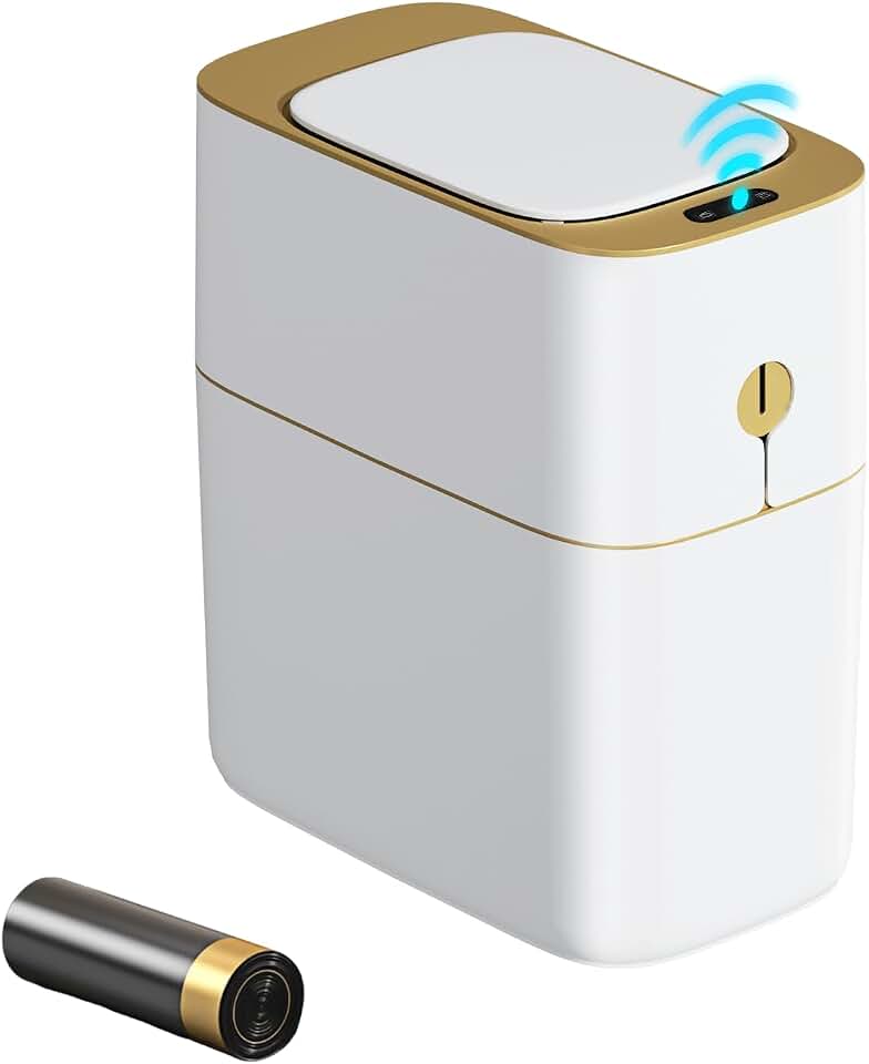 funest Smart Bathroom Trash Can with Lid, 3.6 Gallon Slim Motion Gold Sensor Garbage Bin with Inner Bucket, Trash Can with Lid Waterproof for Kitchen Office