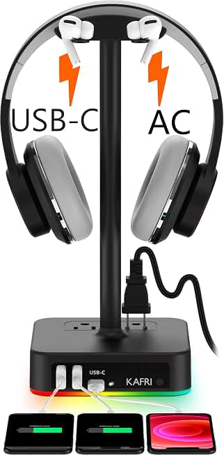 KAFRI RGB Headphone Stand with USB A&amp;C Charger Desk Gaming Headset Holder Hanger Rack with 3 USB Charging Port and 2 Outlet - Suitable for Gamer Desktop Table Game Earphone Accessories Boyfriend Gifts
