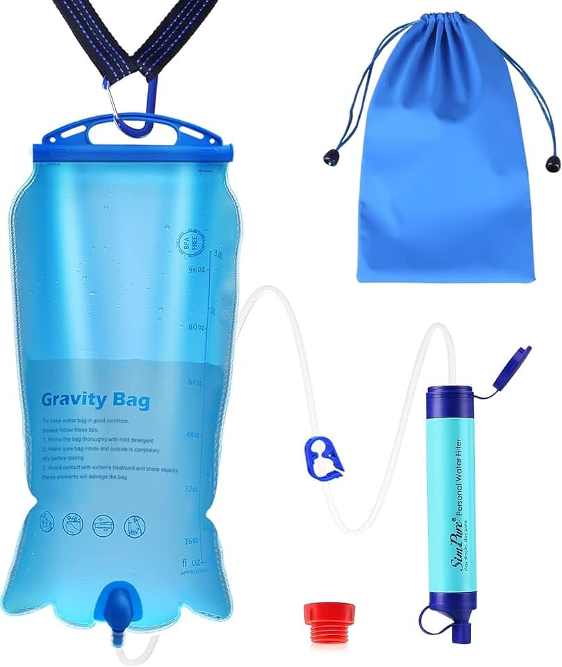 SimPure Portable Gravity-Fed Water Filter with 3L Bag | Gravity Water Purifier with Tree Strap, BPA Free Survival Gear and Equipment for Camping Hiking Emergency Preparedness