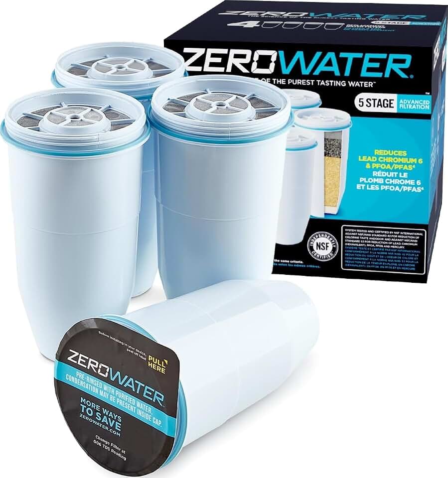 ZeroWater Official Replacement Water Filter Removes PFOA/PFOS 4-Pack​ | IAPMO certified: Lead, chromium, mercury &amp; PFOA/PFOS; 5-stage advanced filtration replacement filter for ZeroWater pitchers​