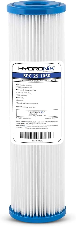 Hydronix SPC-25-1050 Polyester Pleated Sediment Water Filter, Washable &amp; Reusable, 2.5" X 10", 50 Micron