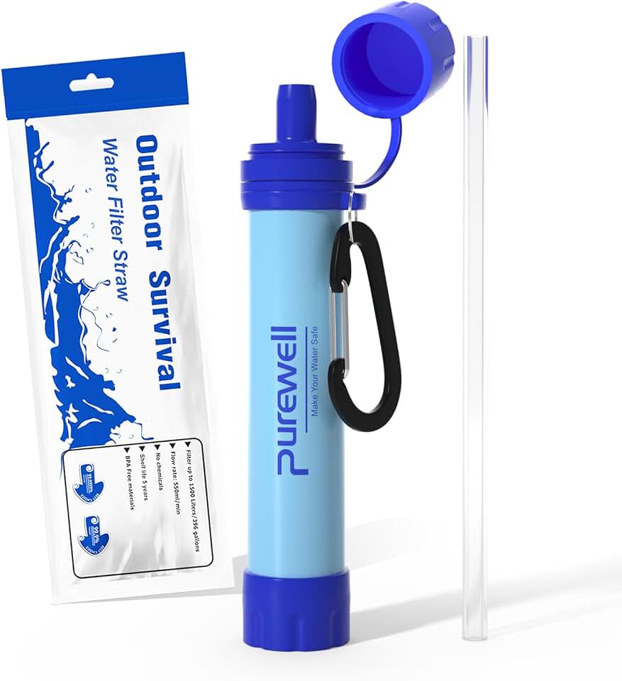 Purewell Outdoor Water Filter Personal Water Filtration Straw Emergency Survival Gear Water Purifier for Camping Hiking Climbing Backpacking Recycled Claim Standard Blended