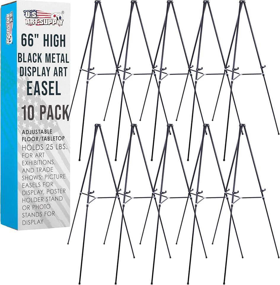 U.S. Art Supply 66" High Black Metal Display Art Easel (10 Pack) - Large | Adjustable Height Portable Easel Stand, Sign Display, Holds 25 lbs - Floor &amp; Tabletop Easels, Sign Stand