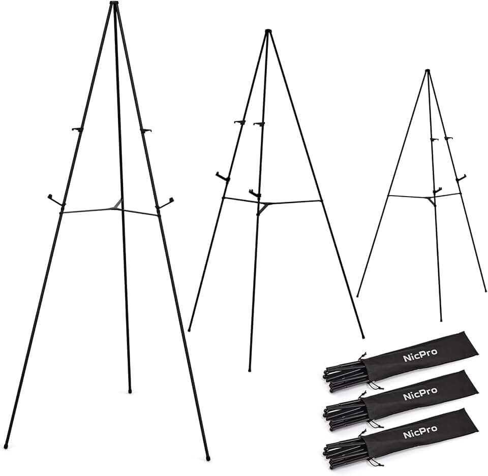 Nicpro 3 Pack 63 Inches Easel Stand for Sign, Black, with Carry Bags | Lightweight Metal Poster Stand, Adjustable Portable Foldable Easels for Display, Signs, Posters, Painting, Wedding Signs