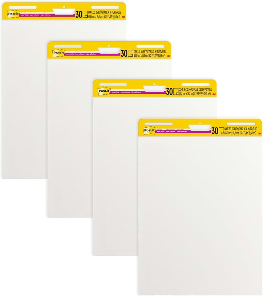 Post-it Super Sticky Easel Pad, 25 x 30 in, White Lined, 4 Pads | Premium Self Stick Flip Chart Paper, Anchor Chart, Office Supplies &amp; School Supplies, Great for Teachers and Students