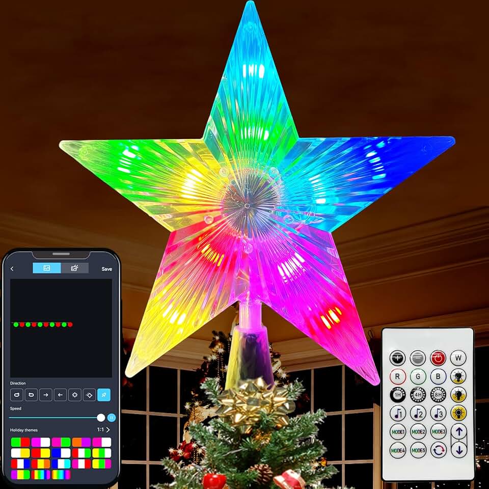 7.6" Christmas Tree Topper Star, RGB LED Lighted Star Tree Top w/Remote Control&amp;APP, Scene Mode, DIY, Dimmable, Timer, Multicolour Lighted Treetop for Xmas Trees Holiday Party Gift Decorations