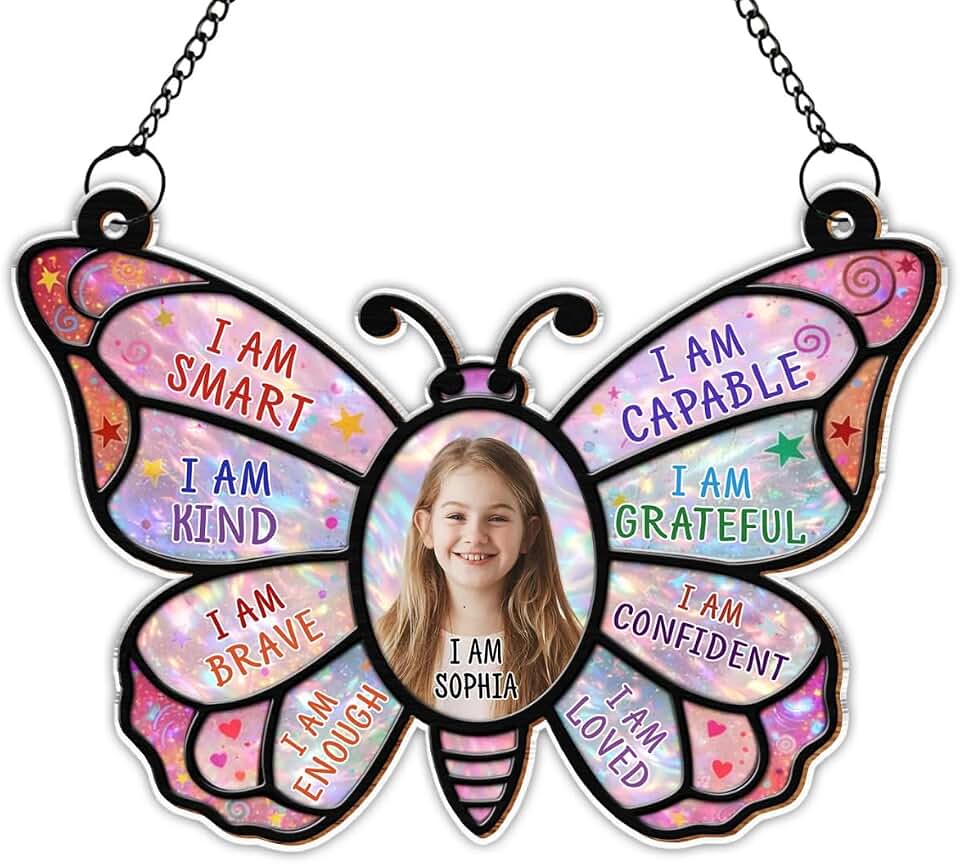 I Am Smart Kind Brave Butterfly Suncatcher, Gift for Daughter Lovers, I Am Smart, I Am Kind, Positive Affirmations Butterfly Personalized Window Hanging Sun Catcher, Cute Cartoon Kid Butterfly Gifts