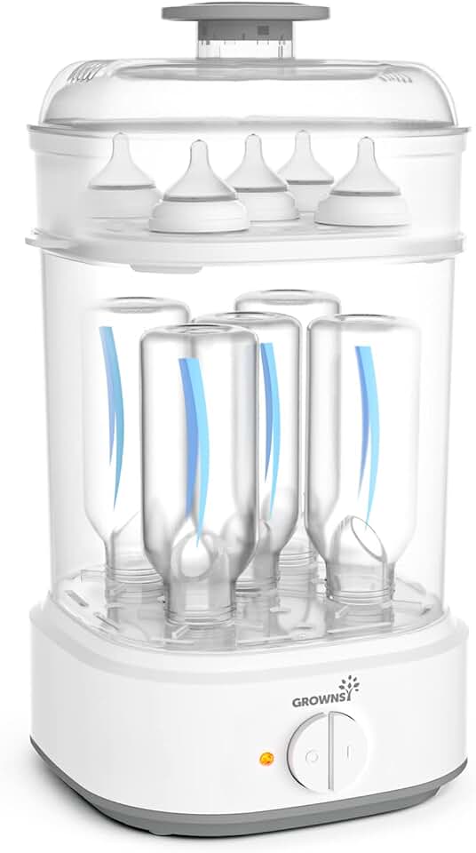 GROWNSY Electric Baby Bottle Sterilizer with 8-Minute Fast Sterilization | Fits 5 Bottles and Breast Pump Parts, 3 Modular Modes for Home or Travel Use, Prevents Secondary Pollution, White Global Recycled Standard