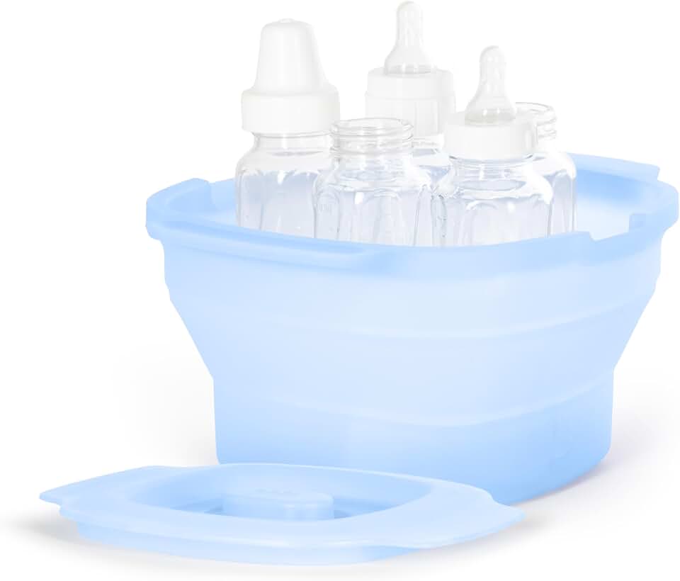 Ubbi 3-in-1 Collapsible Microwave Baby Bottle Sterilizer Wash Bin, Blue | Veggie Steamer, Reusable Silicone Steam Bag for Travel or Home Use, Fits Up to 5 Baby Bottles, Dishwasher Safe