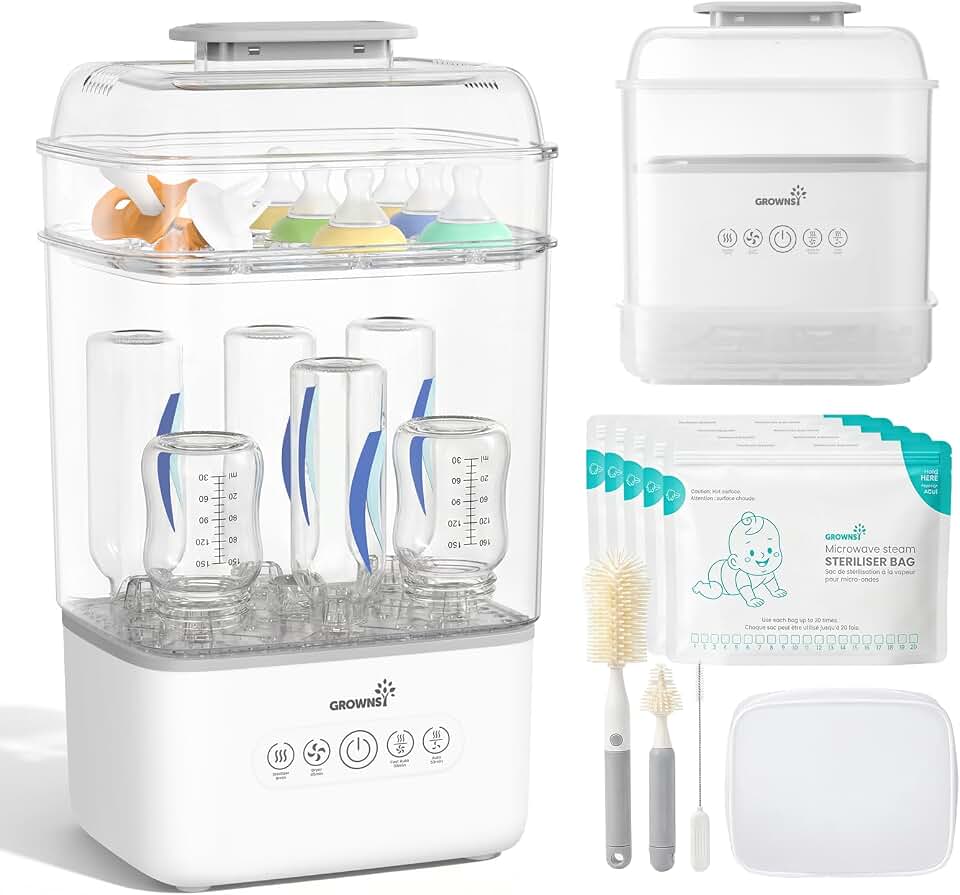 GROWNSY Baby Bottle Sterilizer and Dryer, Space-Saving, with Travel Set | Holds 6 to 8 Bottles &amp; Pump Parts, Nesting Design, Fast Sanitization &amp; Drying, Auto Sterile Storage for All Feed Stages Global Recycled Standard