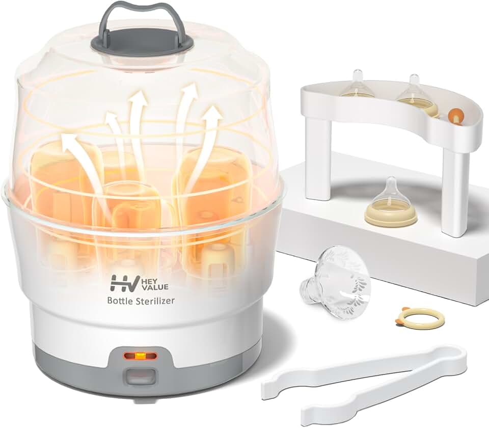 HEYVALUE Smart-Steam Bottle Sterilizer for Baby Bottles &amp; Breast Pump Parts | One-Touch Easy Operation, Compact Countertop Design, Fast &amp; Full Steam Sterilization, Simple Everyday Baby Feeding Essential