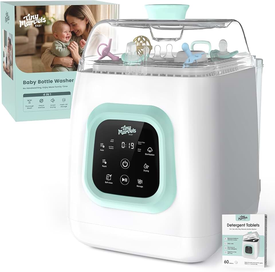 Tiny Marvels Upgraded All-in-One Baby Bottle Washer, Sterilizer and Dryer | Water Purification, 72hr Storage, Self-Cleaning, 13 Clean Modes, 6 Bottles &amp; Pump Parts Capacity with 60 Detergent Tablets