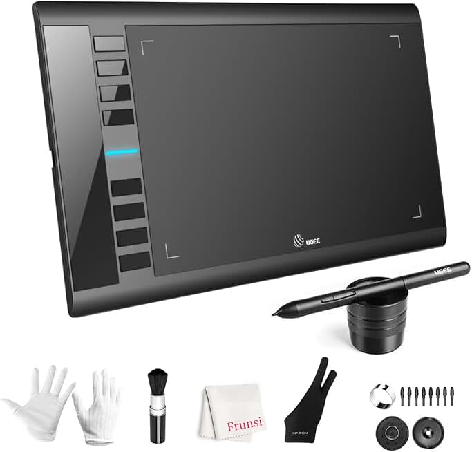 UGEE M708 Drawing Tablet, 10x6 inch Large Space for Digital Drawing | 8 Hot Keys, Passive Stylus of 16384 Levels Pressure, Digital Graphics Art Tablet, For PC Paint, Design, Art Creation Sketch