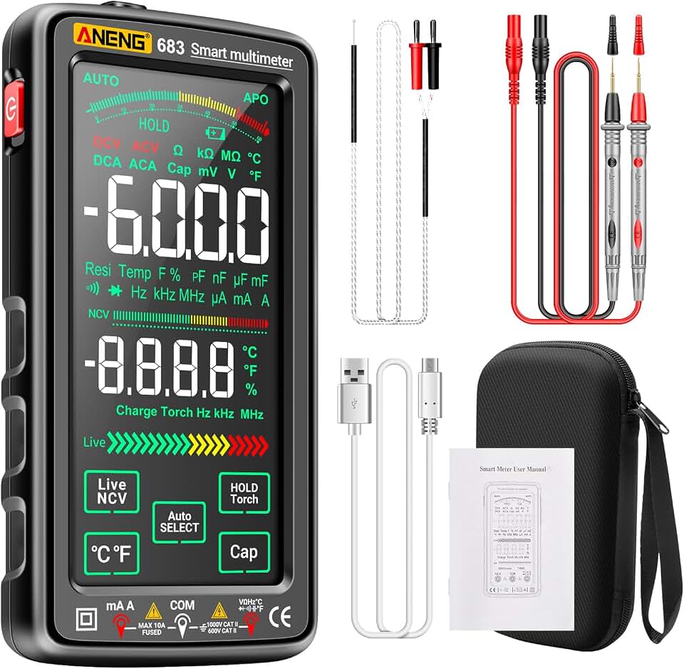 Smart Multimeter, Smart Digital multimeter Tester with Touch Screen 6000 Counts Auto Ranging Rechargeable multimeter A Reverse Display NCV Tester with Flashlight for Electricians,DIY (Black)