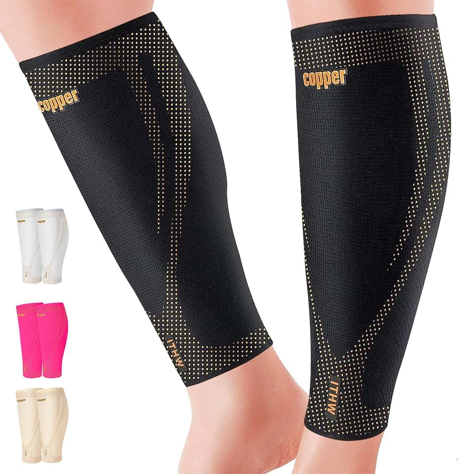 Copper Calf Compression Sleeves for Men Women, Shin Splint Relief, Grip | High Stretch Graduated Compression with Anti-Slip Grip | Breathable &amp; Smooth Lining Footless Design for Runner Black OEKO-TEX STANDARD 100