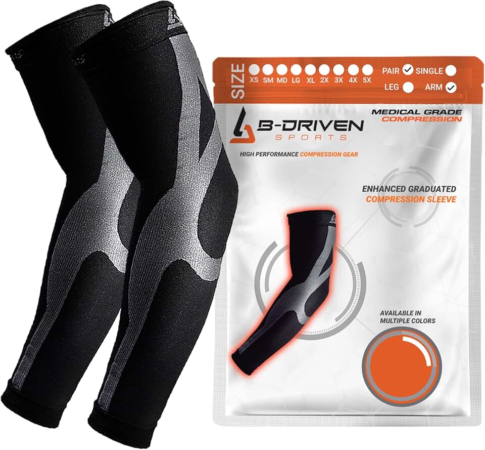 B-Driven Sports Medical Compression Arm Sleeves 20-30 mmHg Athletic Pair | Medical Grade Graduated 20-30 Mmhg Medical Compression Basketball Baseball Football Volleyball Running Breathable Nylon-Lycra