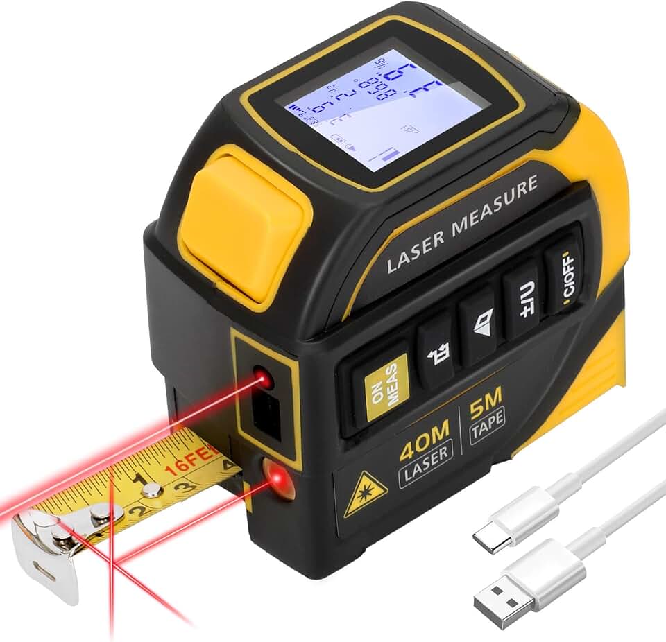 4-in-1 Laser Tape Measure with Crosshairs and Electrical Angle for Gifting | 16ft Auto‑Lock Tape Measure, 130ft Laser Distance Meter, Laser Readings Displayed on LCD Screen for Area, Volume, Cosine etc.