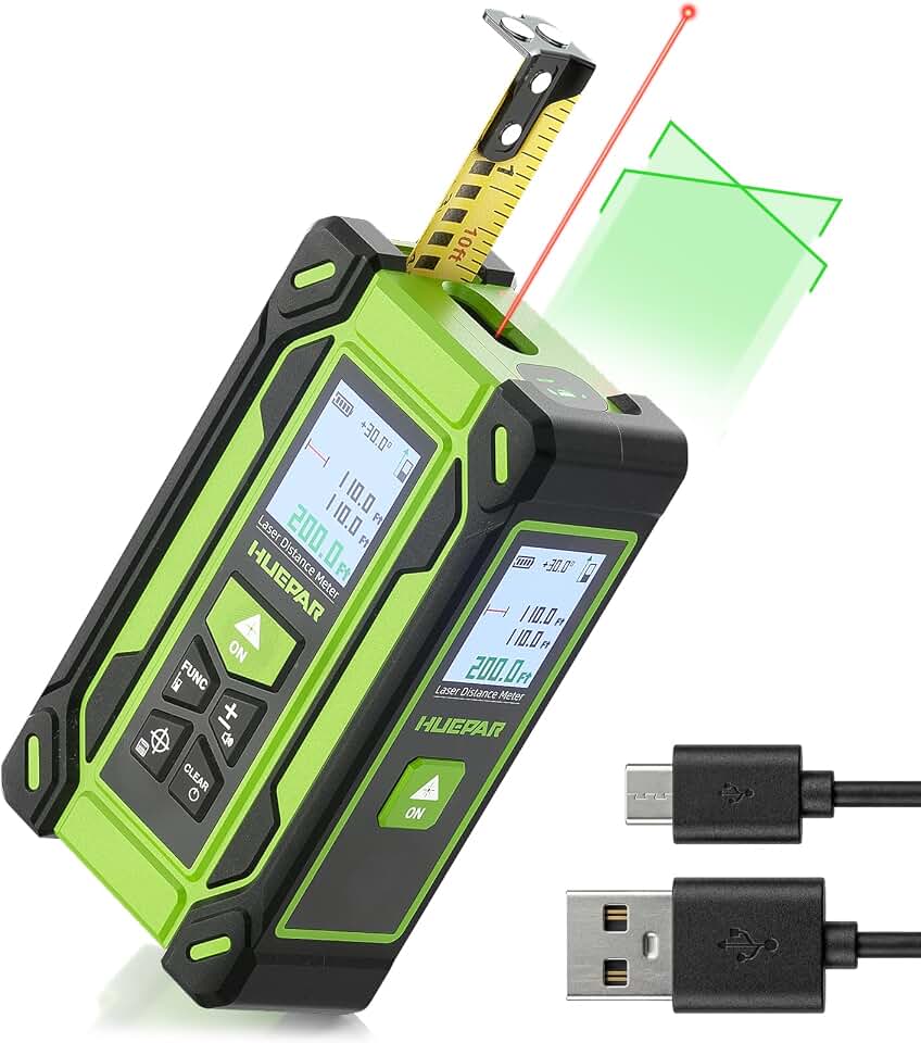 Digital Laser Tape Measure 4-in-1, HUEPAR ±1/16" Laser Measure with Dual HD Display, 200Ft Rechargeable Laser Measurement&amp;33Ft Green Cross Line Laser&amp;10Ft Tape, for Area/Volume/Pythagorean/Leveling Global Recycled Standard