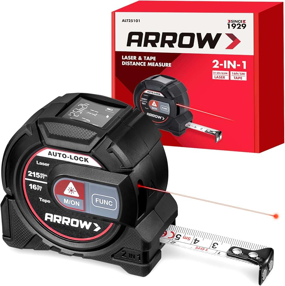 Arrow 2-in-1 Laser Tape Measure, 215Ft/65m Laser Distance Measuring Tool | 16Ft Magnetic Tape, Area Volume Calculation, Continuous Measurement, Bubble Level, Home Improvement Tool-NOT Digital