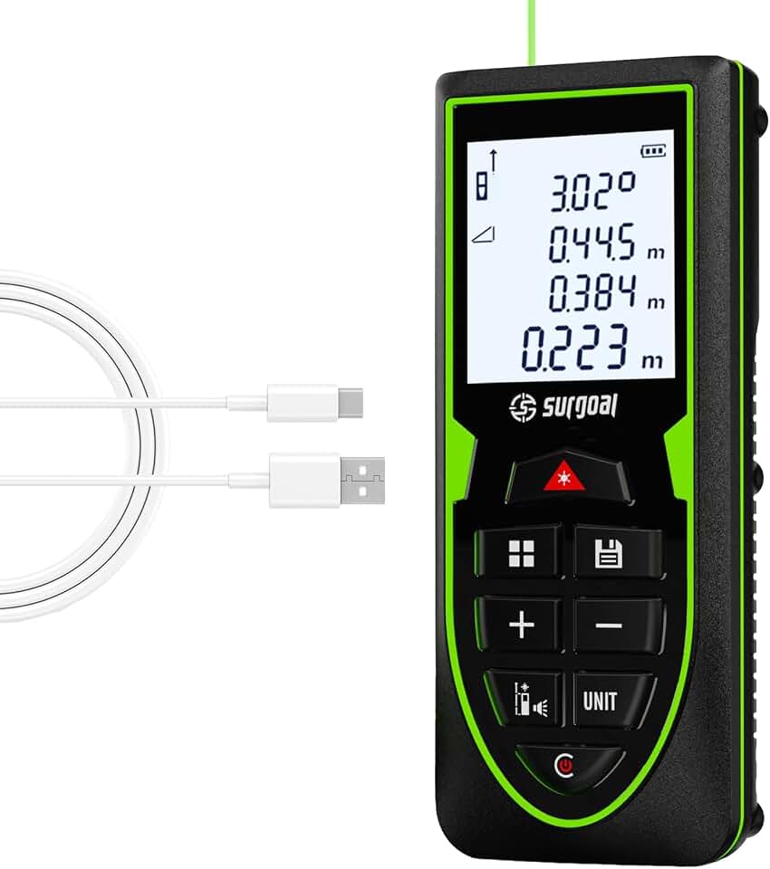 Green Laser Distance Measure USB-C Rechargeable Live XY Angle Sensor | High-Accuracy, Area / Volume / Pythagorean, Ft/In/Ft+In/M Unit Switching, Compact, Home DIY Woodworking Indoor Projects Gift Global Recycled Standard