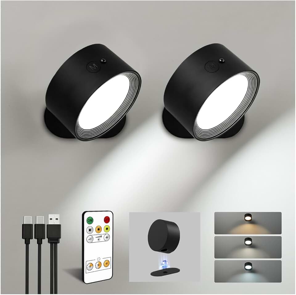 Rechargeable Wall Sconces with Remote, Magnetic Wall Lights, Black | 3 Color Temperatures, Remote &amp; Touch, Dimming, 360° Rotation for Living Room, Bedroom &amp; Reading, 2 Pack