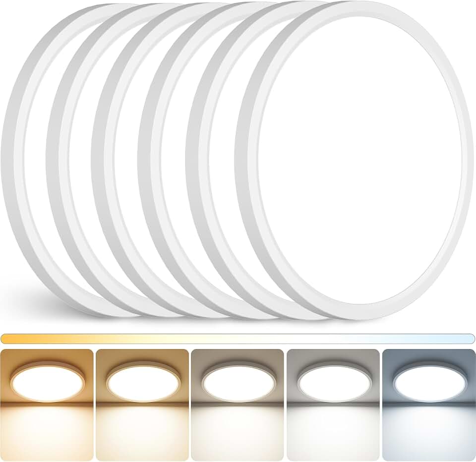 Peasur 12Inch LED Ceiling Light Flush Mount, 5CCT 3000K-6500K Adjustable Ceiling Light Fixture, 2400LM 24W Bright White Flat Lighting Fixture for Hallway Kitchen Bathroom Bedroom, 6Pack