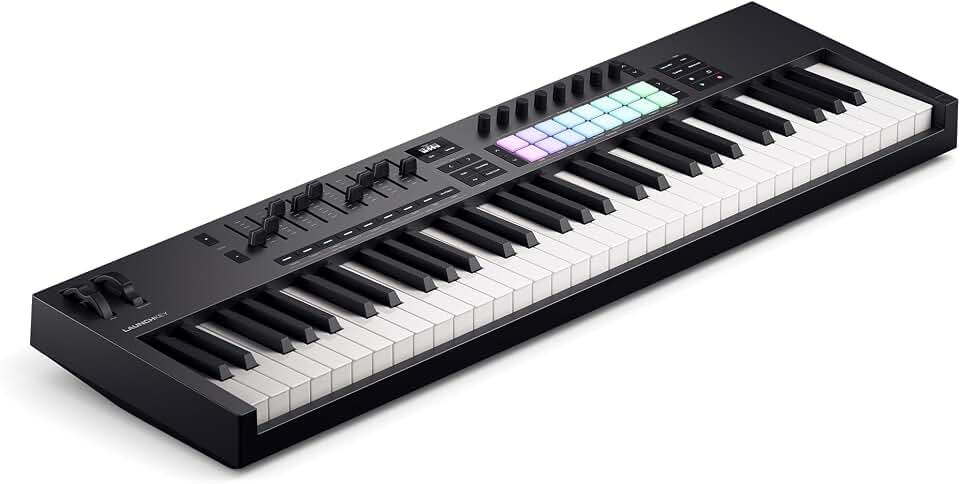 Novation Launchkey 61 MK4 USB MIDI Keyboard Controller | USB, 61 Semi-Weighted Keys, 16 Pads with Polyphonic Aftertouch, 9 Faders, Pitch/Mod Wheels, OLED Display, Scale &amp; Chord Modes
